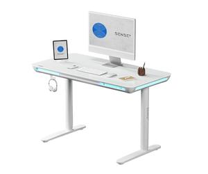 SENSE7 Mesa para Ordenador Nomo, Escritorio LED para Gaming, 120x60 cm, Ajustable Eléctricamente, Superficie de Vidrio Templado, Cajón y Gancho