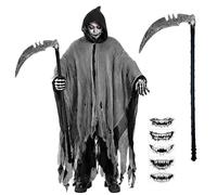 Sensenmann Kostüm Halloween Geister Kostüm Erwachsene Umhang mit Kapuze Zerrissenen Robe mit Accessoires, tatuaje de terror para Halloween Karneval Cosplay Mottoparty, Negro