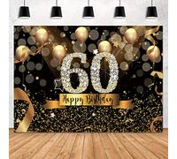 Sensfun Happy 60th Birthday telón de fondo para fiesta de adultos, 2,1 x 1,5 m, círculo Bokeh con purpurina, globo dorado con purpurina para fotografía de 60 cumpleaños, color negro y dorado