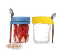 Senshuomy Overnight - Tarros de avena con tapas y cuchara, tarros herméticos de desayuno de 10 onzas con marcas de medición, tarros Mason con tapa para ensaladas, cereales, leche, gachas de avena (2
