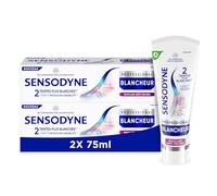 Sensodyne Blanco profesional, pasta de dientes blanqueadora clínicamente probada para dientes sensibles visiblemente blancos, escudo antimanchas de menta, paquete de 2 x 75 ml