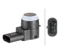 HELLA 6PX 358 141-201 Sensor, auxiliar de aparcamiento - en forma de ángulo - 3polos - enchufado - barnizable - con anillod e sujeción