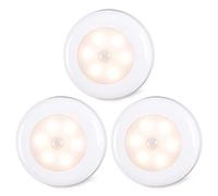 Sensor de movimiento de luces LED para armario, sin cables, funciona con pilas, funciona con movimiento activado, se pega en cualquier lugar, color blanco cálido, paquete de 3 unidades