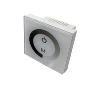 Sensor dimmer montado en la pared, blanco, regulable, compatible con iluminación LED, ideal para controlar la intensidad de luz en espacios interiores.