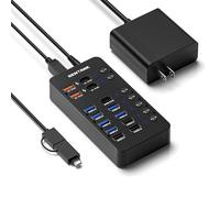 SENTANK - Concentrador USB 3.0 de 14 puertos (6 puertos USB 3.0 de datos + 4 puertos de carga rápida) con interruptor de encendido/apagado LED independiente, con adaptador de corriente de 60 W para