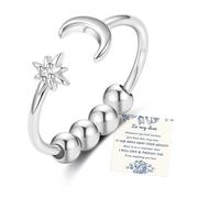 Senteria Anillos de ansiedad para mujeres y niñas, de plata de ley 925, anillos abiertos ajustables con cuentas giratorias, luna y estrella, anillo para ansiedad para abuela, madre, hija, regalos con