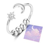 Senteria Anillos de ansiedad para mujeres y niñas, de plata de ley 925, anillos abiertos ajustables con cuentas giratorias, luna y estrella, anillo para ansiedad para abuela, madre, hija, regalos con