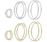 Senteria Juego de 5 pares de aretes de aro finos de acero inoxidable para mujeres y niñas, juego de 5 pares de aretes de aro grandes grandes y ligeros (30 mm, 40 mm, 50 mm, 60 mm, 70 mm), Acero