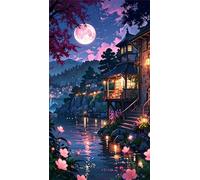 Senyanr 5D Diamond Painting para Adultos 20x50cm Casa Urbana Lago,DIY Round diamond painting kit completo adultos,Kit de Cristal Pintura de Diamantes para Decorar la Habitación
