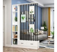 Separador de ambientes con estantes, Biombo de Privacidad de Madera con Cajones Incorporados, Panel Decorativo for Salón y Oficina en Casa(Black Tube+Chipboard,55.1in)