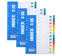 Separadores de archivos A4, 12 divisores de carpetas - Paquete de 3 separadores de índice A4 preperforados multicolor para archivadores de palanca, carpetas de anillos y organizadores, para oficina