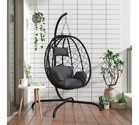 sephironlbb Silla colgante con cojín antracita de ratán sintético y acero pulverizado, 106 x 103 x 195 cm, resistente a la intemperie, para jardín, balcón, terraza, incluye cojín y acolchado cómodo