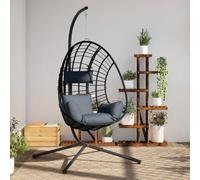 sephironlbb Silla colgante con diseño de huevo, con soporte, antracita de ratán y acero, resistente a la intemperie, muebles de jardín con cojín acolchado para balcón, terraza, exterior, salón, relax