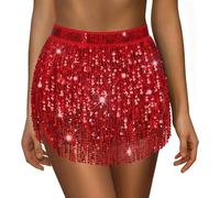 Sequin Skirt for Women Ladies Sparkly Tassel Belly Dance Skirt Glitter Shiny Mini Skirts Womens Wrapped Short Skirts for Performance & Festival Dance