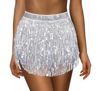 Sequin Skirt for Women Ladies Sparkly Tassel Belly Dance Skirt Glitter Shiny Mini Skirts Womens Wrapped Short Skirts for Performance & Festival Dance