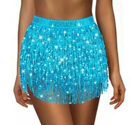 Sequin Skirt for Women Ladies Sparkly Tassel Belly Dance Skirt Glitter Shiny Mini Skirts Womens Wrapped Short Skirts for Performance & Festival Dance