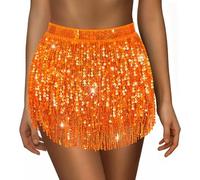 Sequin Skirt for Women Ladies Sparkly Tassel Belly Dance Skirt Glitter Shiny Mini Skirts Womens Wrapped Short Skirts for Performance & Festival Dance
