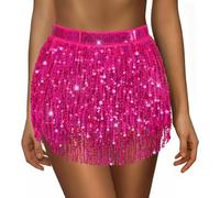 Sequin Skirt for Women Ladies Sparkly Tassel Belly Dance Skirt Glitter Shiny Mini Skirts Womens Wrapped Short Skirts for Performance & Festival Dance