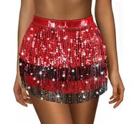 Sequin Skirt for Women Ladies Sparkly Tassel Belly Dance Skirt Glitter Shiny Mini Skirts Womens Wrapped Short Skirts for Performance & Festival Dance