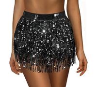 Sequin Skirt for Women Ladies Sparkly Tassel Belly Dance Skirt Glitter Shiny Mini Skirts Womens Wrapped Short Skirts for Performance & Festival Dance