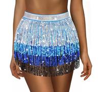 Sequin Skirt for Women Ladies Sparkly Tassel Belly Dance Skirt Glitter Shiny Mini Skirts Womens Wrapped Short Skirts for Performance & Festival Dance