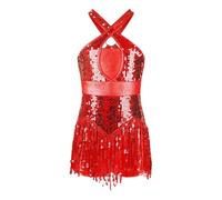 Sequins Fringe Latin Dance Leotard Dress Tassels Jazz Tango Salsa Samba Rumba Performance Costume Dancewear(Red2,14)