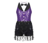 Sequins Fringe Latin Dance Leotard Dress Tassels Jazz Tango Salsa Samba Rumba Performance Costume Dancewear(Purple C,6)