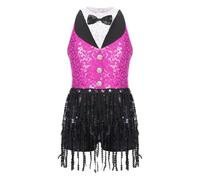 Sequins Fringe Latin Dance Leotard Dress Tassels Jazz Tango Salsa Samba Rumba Performance Costume Dancewear(Pink C,16)