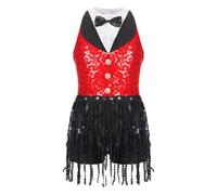 Sequins Fringe Latin Dance Leotard Dress Tassels Jazz Tango Salsa Samba Rumba Performance Costume Dancewear(Red C,14)