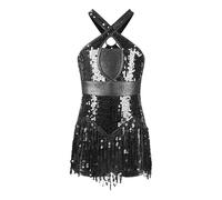 Sequins Fringe Latin Dance Leotard Dress Tassels Jazz Tango Salsa Samba Rumba Performance Costume Dancewear(Black2,8)