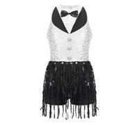 Sequins Fringe Latin Dance Leotard Dress Tassels Jazz Tango Salsa Samba Rumba Performance Costume Dancewear(White C,10)