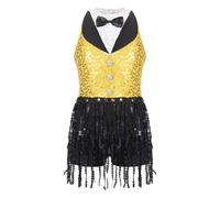 Sequins Fringe Latin Dance Leotard Dress Tassels Jazz Tango Salsa Samba Rumba Performance Costume Dancewear(Yellow C,12)