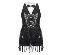 Sequins Fringe Latin Dance Leotard Dress Tassels Jazz Tango Salsa Samba Rumba Performance Costume Dancewear(Black C,14)