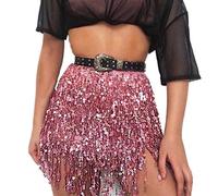 Sequins Tassel Skirt Belly Dance Skirt Rave Fringe Hip Scarf Costume Dance Mini Wrap Skirts for Women and Girls
