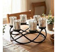 Seraphic Hierro Mesa Redonda Decoración Centro de Mesa Decoraciones Portavelas para Bodas, Patio, Cocina, Comedor y Mesas de Café, Portavelas Votivas de Vidrio, Negro, 6 Tazas Plateadas