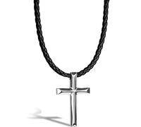 SERASAR Collar de Cuero con Crucifijo para Hombre, Cruz Muchacho Hombre Plata Masculino 60cm Joyas Hombres Regalo Hijo