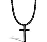 SERASAR Collar Hombre Cuero Cruz Negra Colgante Acero Minimalista 50cm