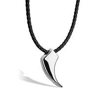 SERASAR Collar Hombre Cuero Colmillo Lobo Plata Acero 316L Elegante 50cm