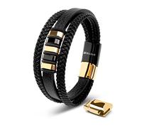 SERASAR Pulsera Hombre Cuero Negro Oro Bisuteria Marido Nudos Dorado 17cm