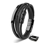 SERASAR Pulsera Hombre Cuero Negro Ajustable Joyeria Trenzada Padre 23cm