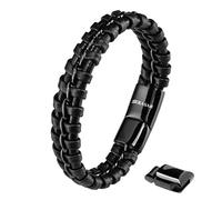 SERASAR Pulsera Hombre Cuero Negro Ajustable Joyeria Trenzada Padre 23cm