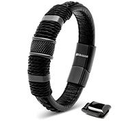 SERASAR Pulsera Hombre Cuero Negro Ajustable Joyeria Trenzada Padre 23cm