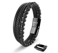 SERASAR Pulsera Hombre Cuero Negro Bisuteria Trenzada Piedra Volcánica 17cm