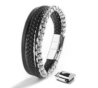 SERASAR Pulsera Hombre Cuero Negro Oro Acero Joyeria Ancha Regalo Papá 23cm