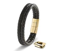 SERASAR Pulsera Hombre Cuero Negro Oro Acero Joyeria Ancha Regalo Papá 23cm