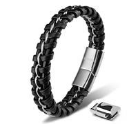 SERASAR Pulsera Hombre Cuero Negro Oro Acero Joyeria Ancha Regalo Papá 23cm