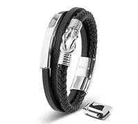 SERASAR Pulsera Hombre Cuero Negro Oro Acero Joyeria Ancha Regalo Papá 23cm
