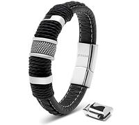 SERASAR Pulsera Hombre Cuero Negro Oro Acero Joyeria Ancha Regalo Papá 23cm