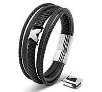 SERASAR Pulsera Hombre Cuero Negro Oro Acero Joyeria Ancha Regalo Papá 23cm