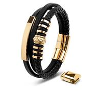 SERASAR Pulsera Hombre Cuero Negro Plateado Acero Inoxidable Amor Hijo 17cm